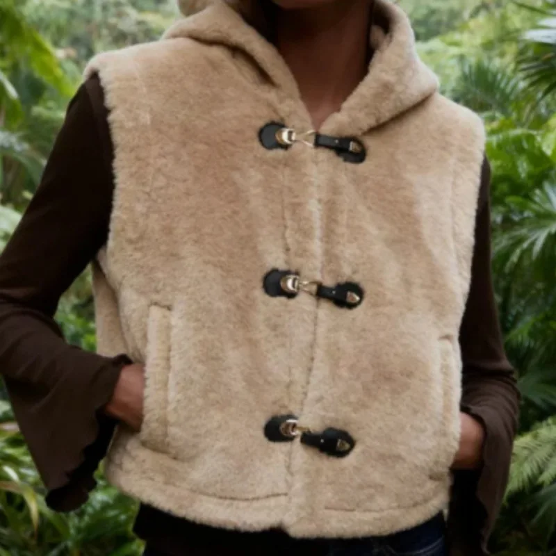 

Spring Autumn New Style Belted Cord Knot Decorated Street Style Regular Fit Cardigan Women's Fashionable Hooded Fleece Vest