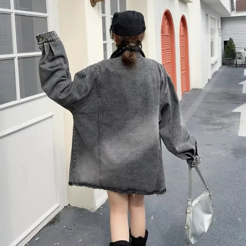 Retro Washed Denim Shirt High-end Sense Stacked Wearing Jacket Women's Autumn Medium And Long Trench Coat Oversized Cartoon Top