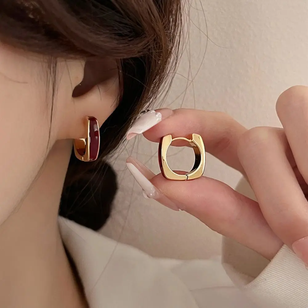 Simple Square Shape Alloy Niche Design Trendy Women Hoop Earrings Dripping Oil Ear Buckles Korean Style Earrings Drop Glaze