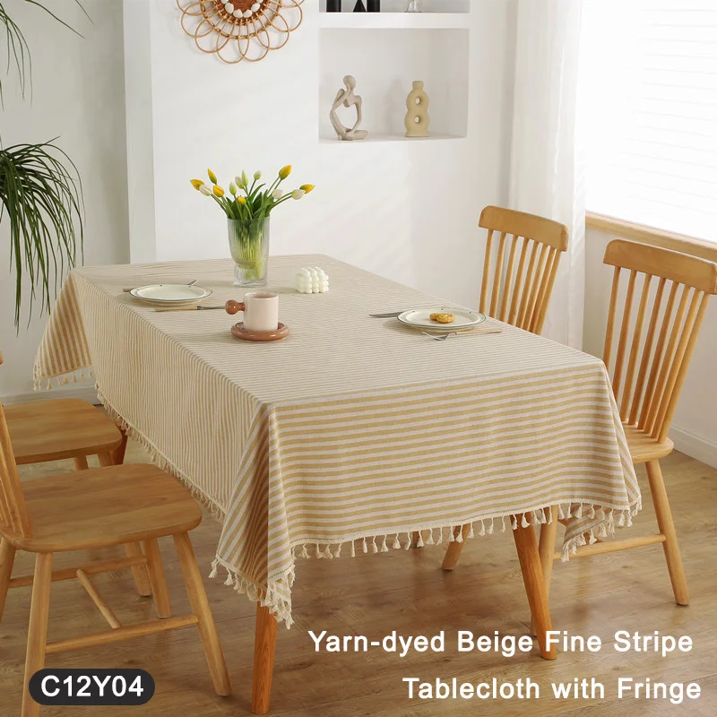 

Japanese Style Rectangular Tablecloth - Poly-Cotton Blend, Solid Color with Striped Tassel Fringe Elegant Fringe Table Cover
