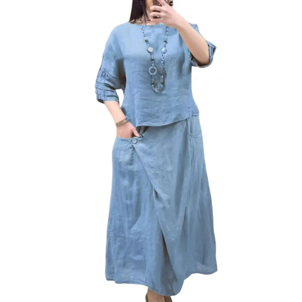 

Women Two Piece Set Linen Outfit Set with Crewneck Top Midi Skirt 2 Piece Lounge Set with Pockets for Summer