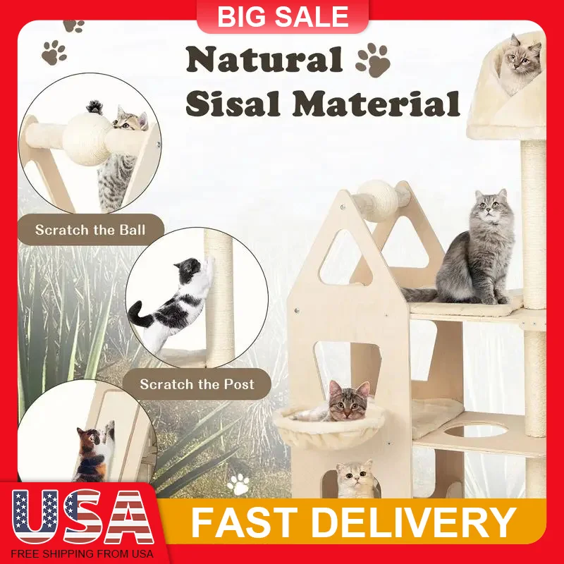 

52 Inch Tall Cat Tree for Large Cats Multi Level Tower with Scratching Post Ball Board Plush Condo Padded Perch Hammock Stable