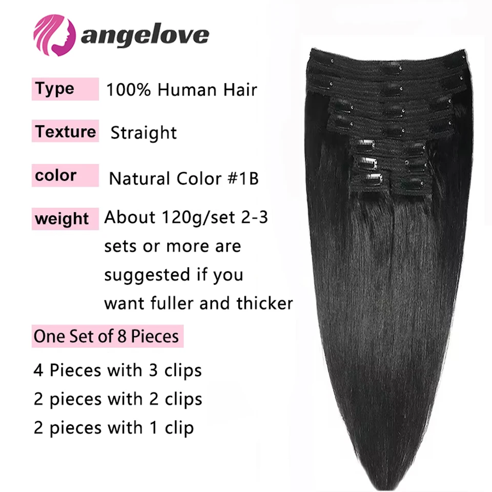 8 Pcs/Set Clip Em Extensões De Cabelo Humano Em Linha Reta Clip Brasileiro Em Cor Preta Natural Clip Ins 22 26 Polegada 120G Remy Cabelo