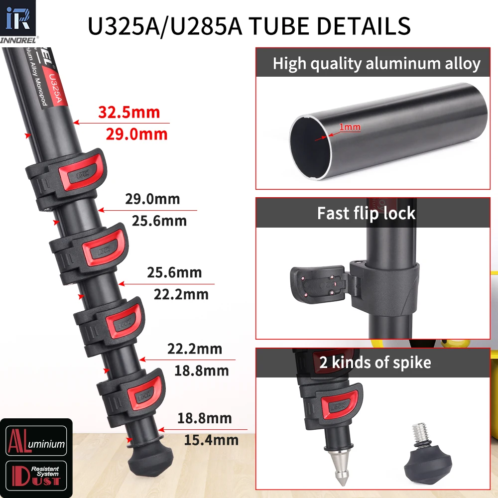 Monopé de câmera INNOREL U285A/U325A, liga de alumínio, 5 seções com trava rápida para filmadora de vídeo DSLR, suporte de fotografia DV