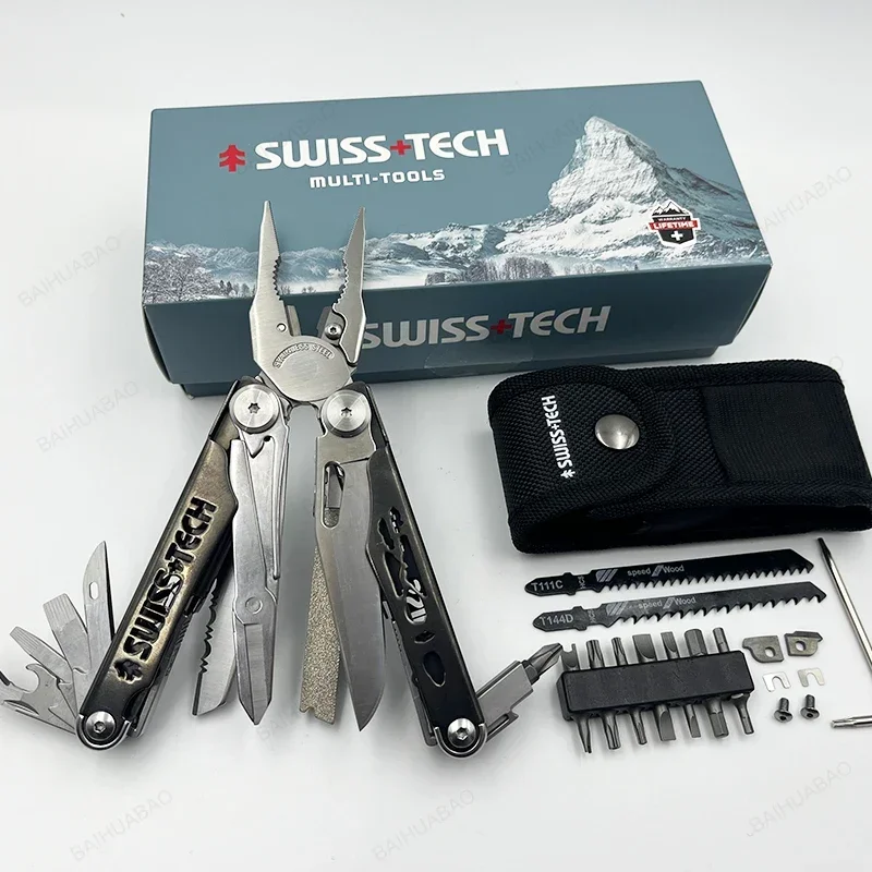 SWISS TECH 37 In 1 Multitool Pliers Folding Multi Tool Scissors Cutter With Replaceable Saw Blade EDC Outdoor Camping Equipment