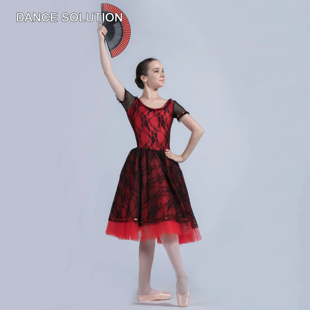 Red Spandex Bodice Attached Balck Lace Ballet Tutu Costume with Short Sleeve for Women & Girls Stage Performance Dancewear 20018