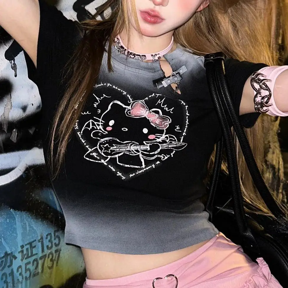 

Sanrio Niche Design Print Hellokitty Cartoon Age-Reducing Y2K Style Short-Sleeved T-Shirt Millennial Sexy Sweet Woman's Toplover