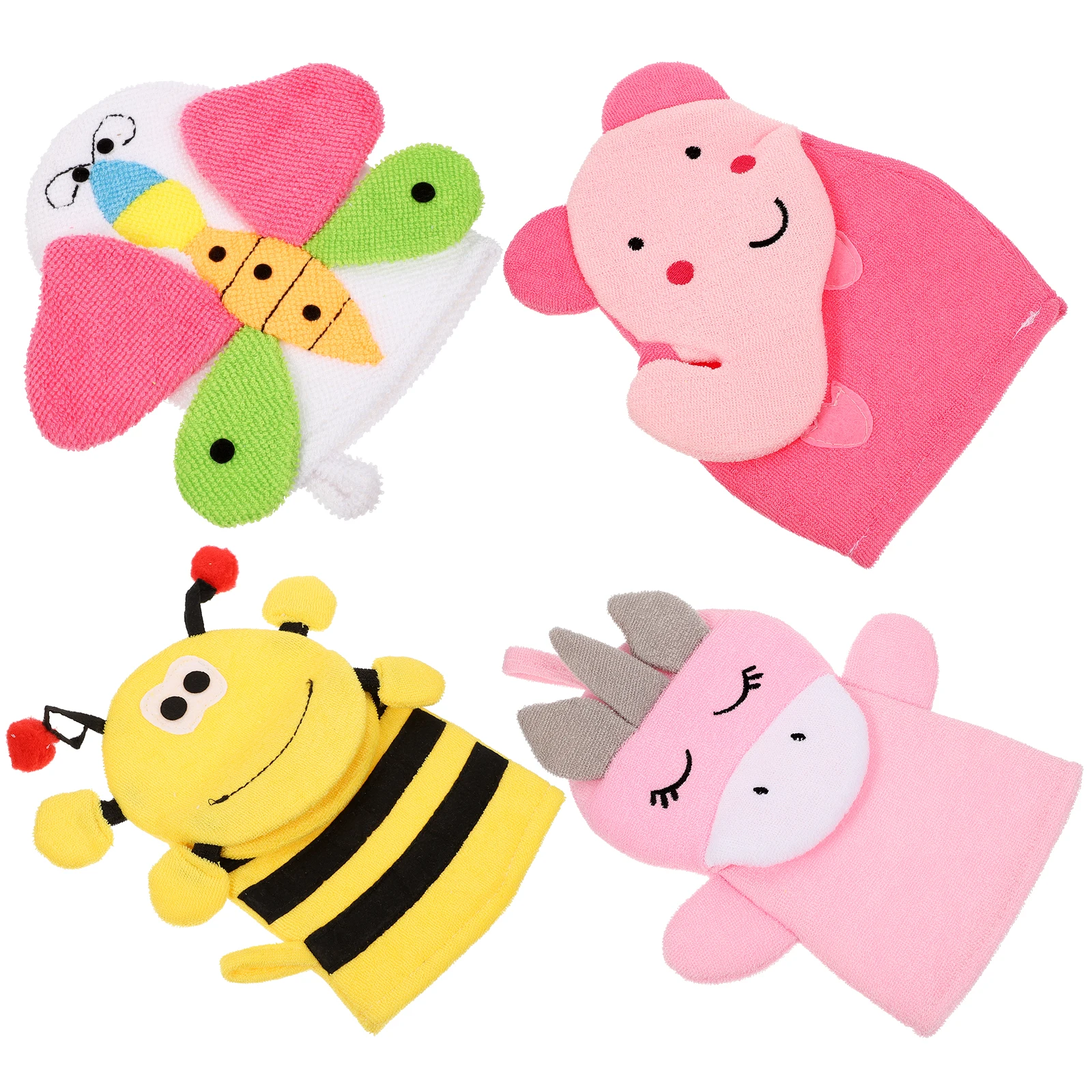 

4pcs Cartoon Bath Gloves Kids Washcloths Baby Bath Mitts Portable Body Scrubber Exfoliating Shower Gloth Composite Cotton