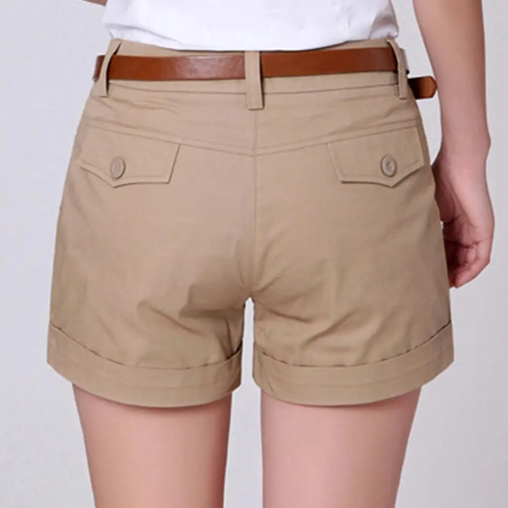 Ladies Summer Shorts Pocket Solid Color Straight Women Shorts Button Decor Above Knee Length High Waist Casual Women Short Pants