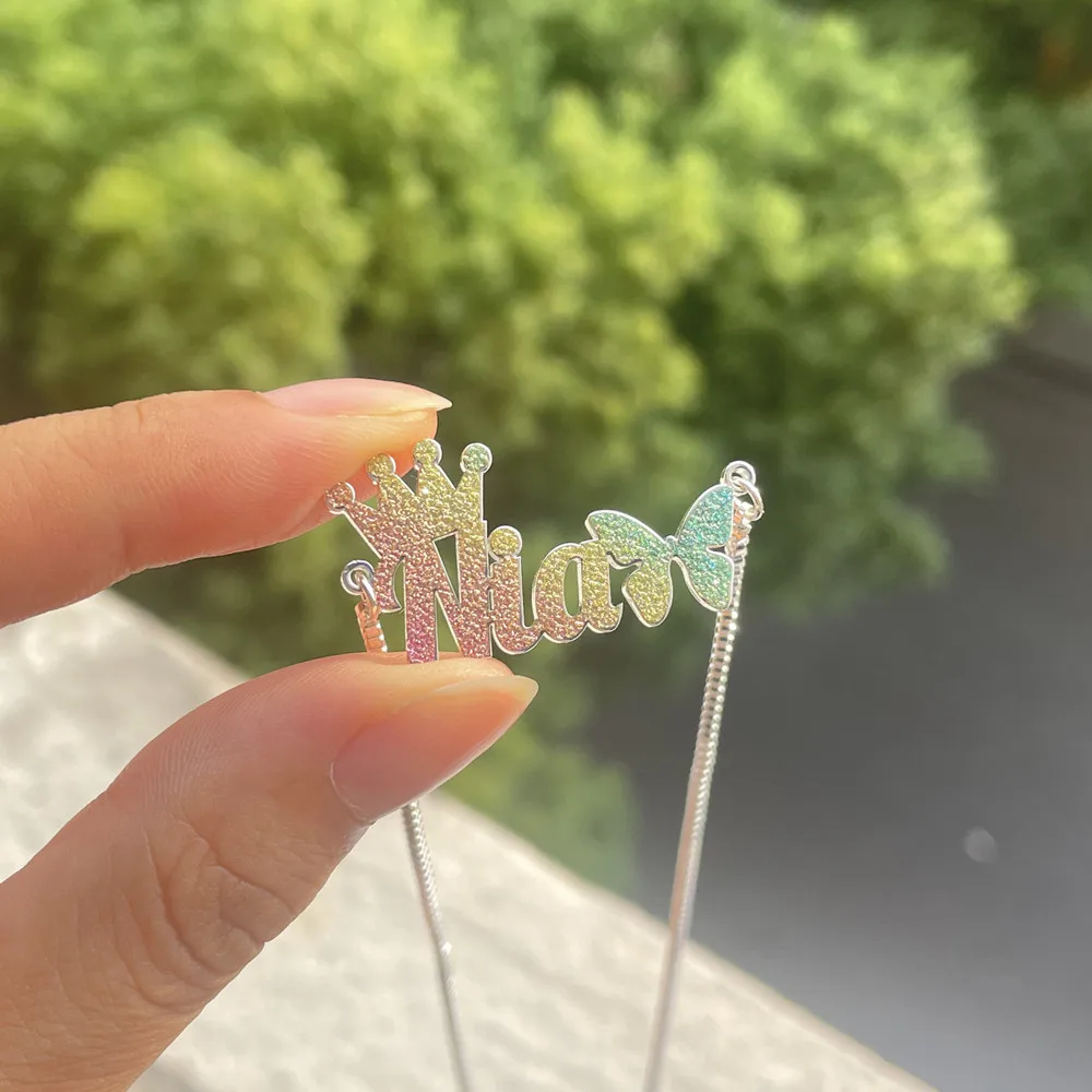 Lulu's Rainbow Custom Nameplate Necklace For Girl Women Good Shining Crown Butterfly Name Stainless Steel Necklace Gift