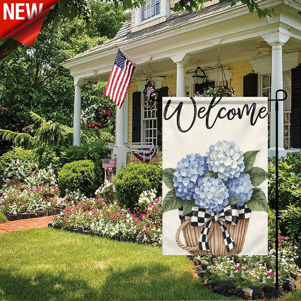 1 unidad, Bandera de jardín de hortensias azules de doble cara de arpillera con lazo a cuadros blanco y negro, cesta floral rústica, bandera decorativa para exteriores, para granja, porche, patio, césped, decoraciones exteriores festivas y de temporada