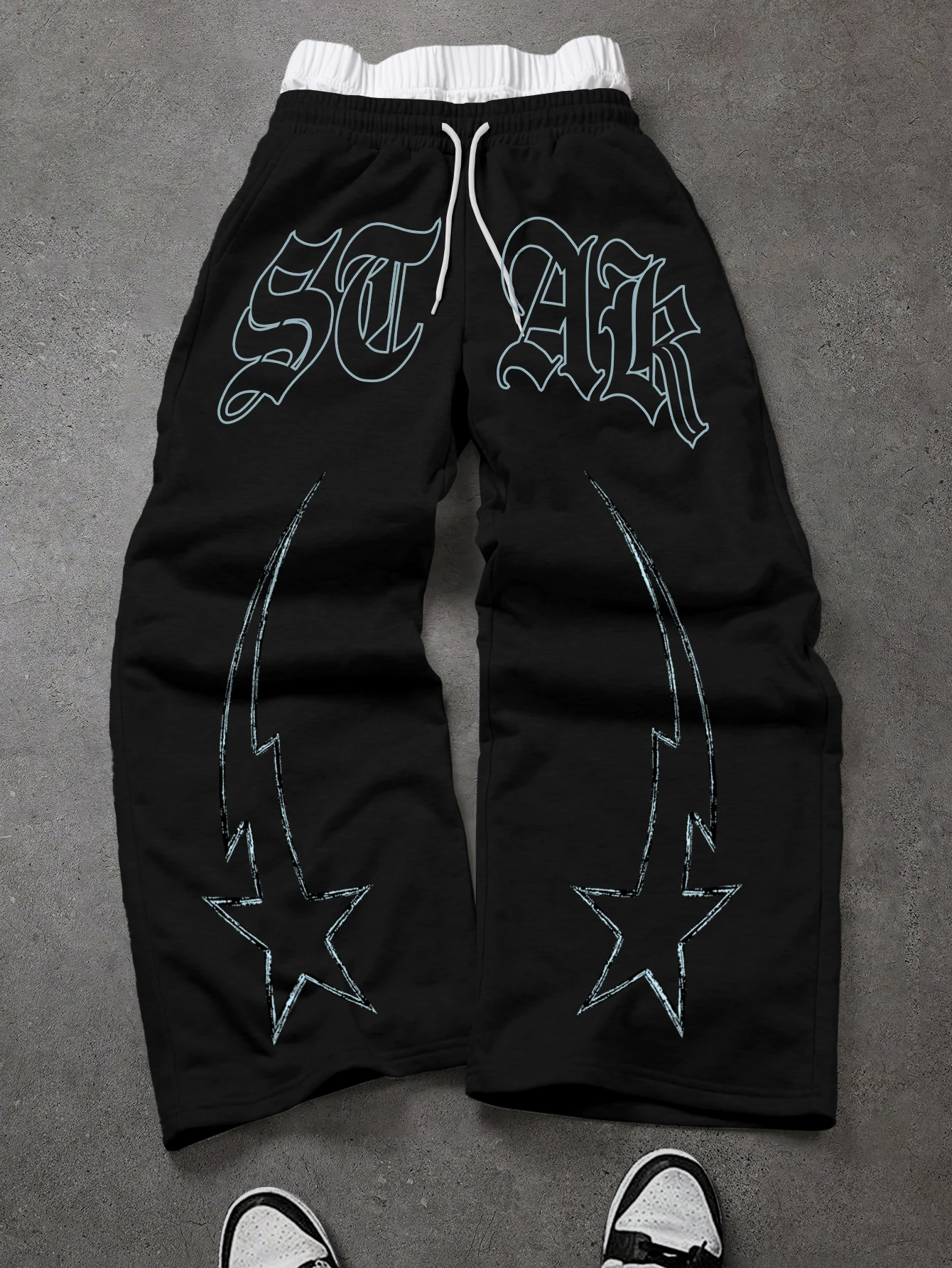 Men's Oversized Streetwear Gothic Shooting Star Print Polyester Fake Two-Piece Wide Leg Casual Pants S-2XL All Size