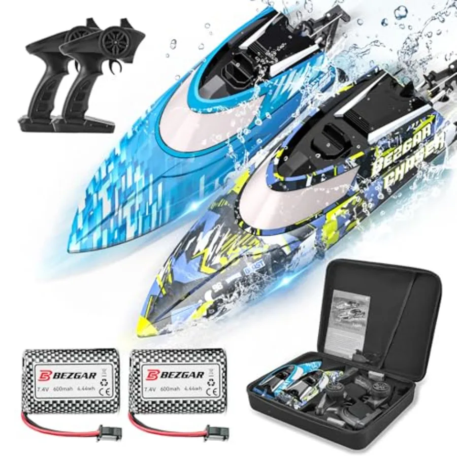

RC Boat for Lakes, Pools Salt Water 2-Pack 12-inch Fast Speed 30 KPH Boats in Blue/Red, Durable ABS Plastic, Portable Suitcase