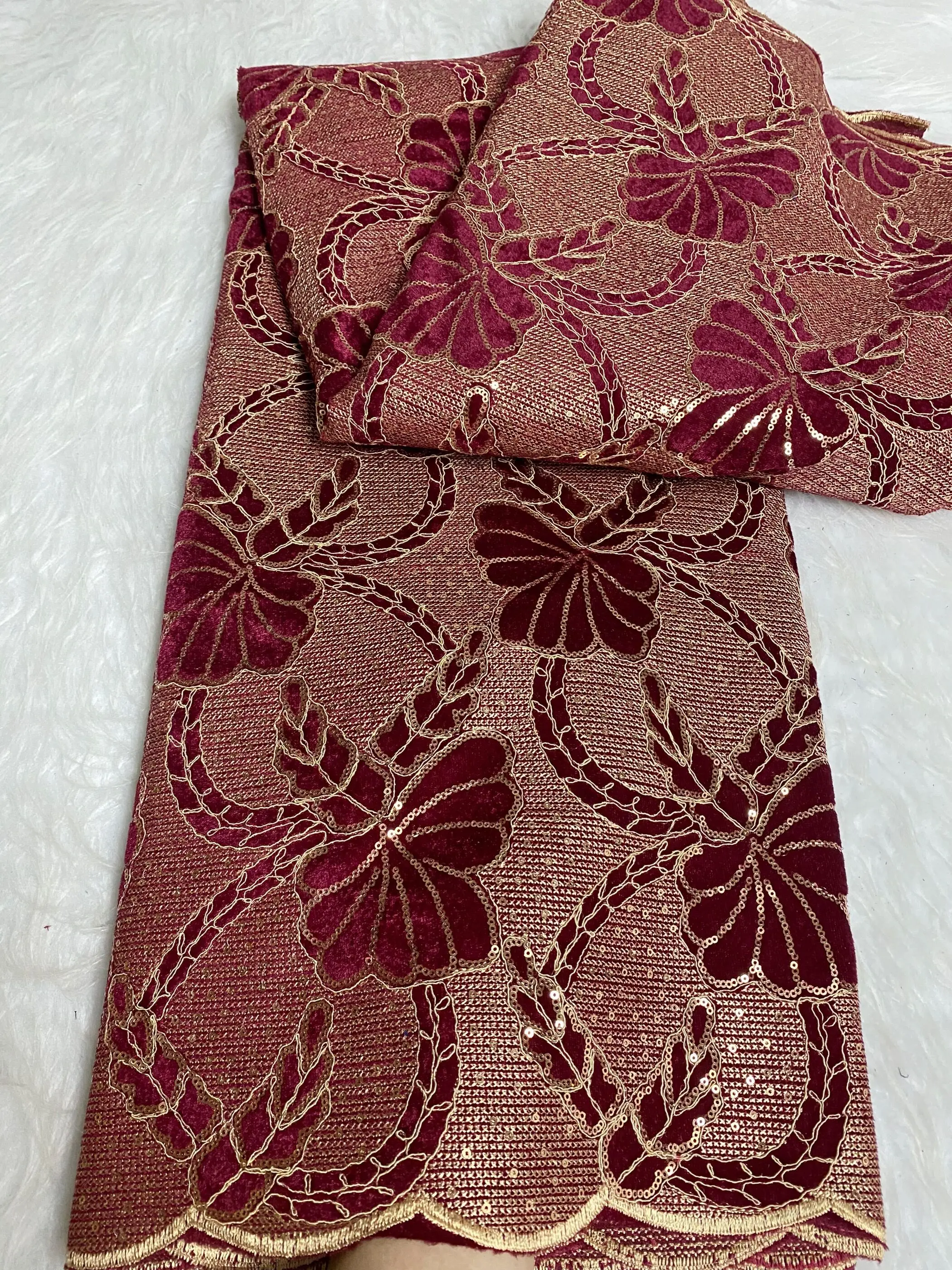 

African Nigerian velvet lace fabric, Sequins BeadsGuipure，For Sewing Wedding Party Dress，High Quality，5yards，2024