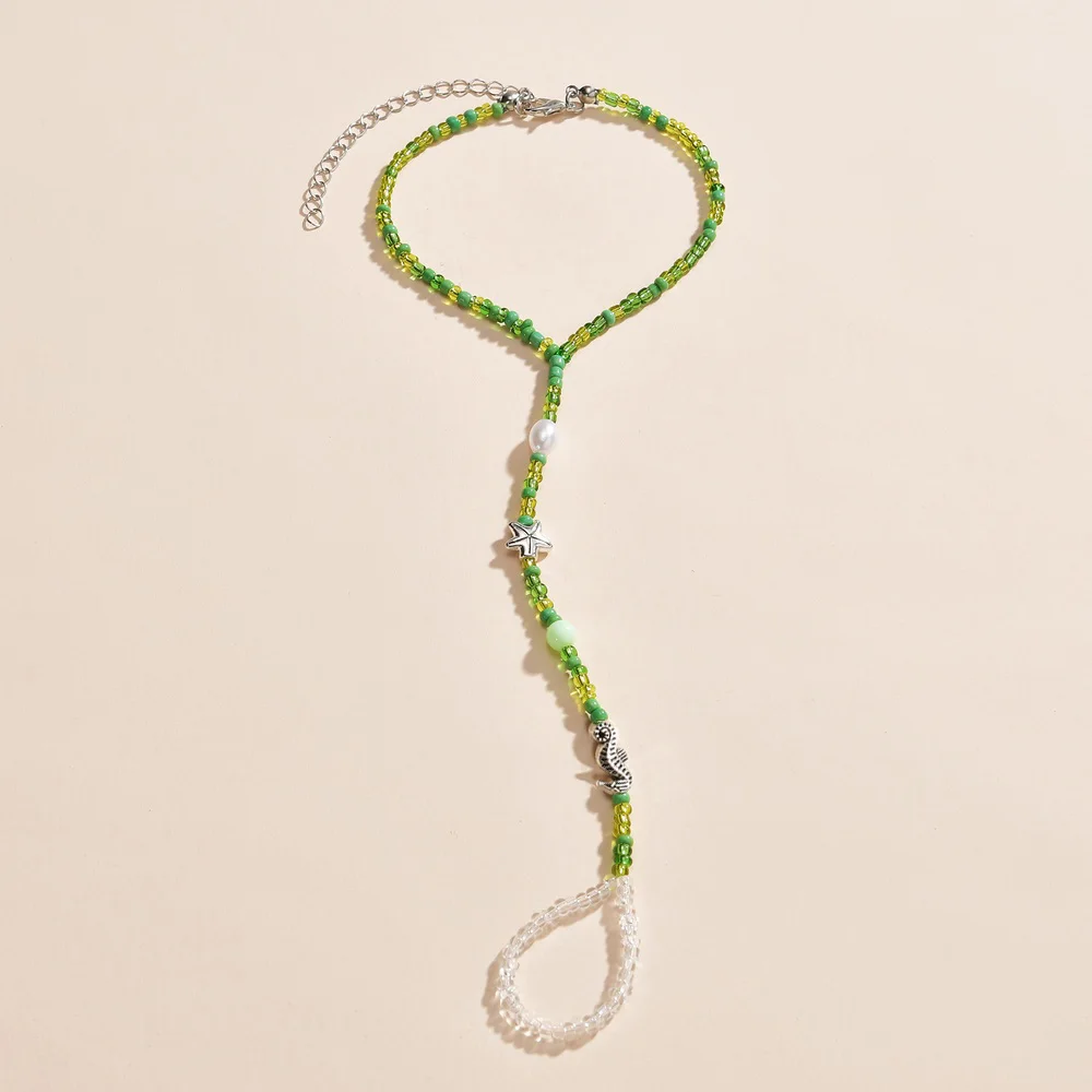 Beach Style Finger Connection Alloy Hippocampus Star Green Rice Bead Women's Feet Chain