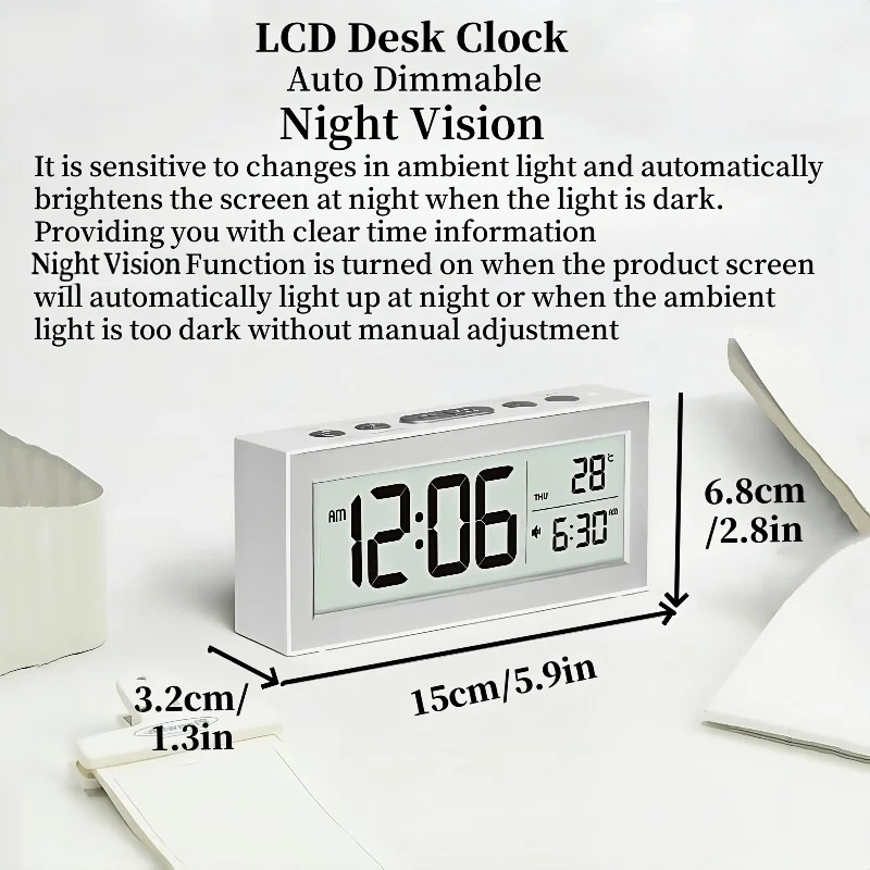 Battery Powered Digital Alarm Clock TEMP Date Backlight Night Vision Unlimited Snooze Table Clock 12/24H Auto Dimmable LCD Clock