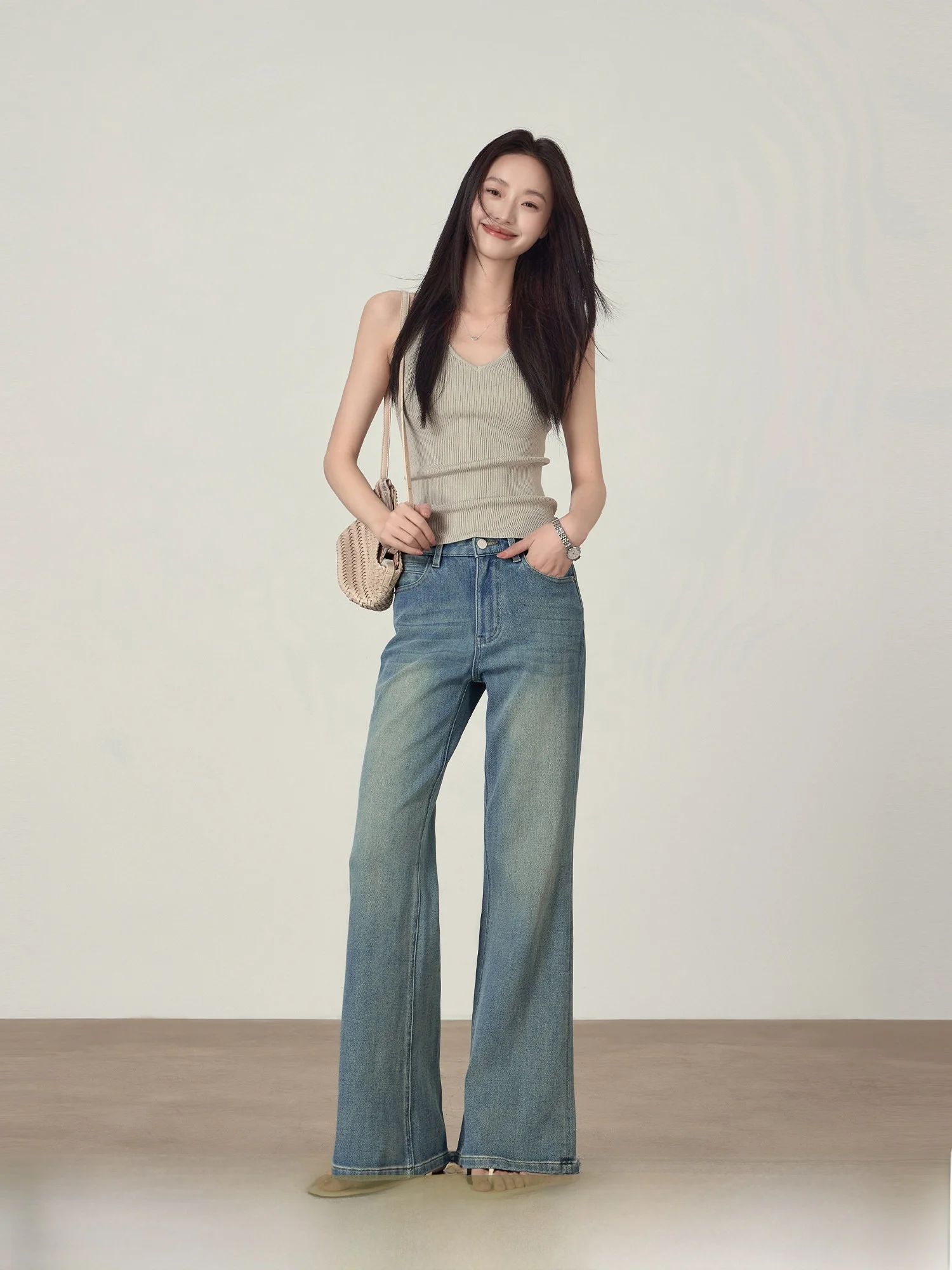 

Retro Blue Four-Way Stretch Denim Pants Women's Summer Lenzing Slimming Trousers High Waist Bell Bottom Casual Cotton Blend