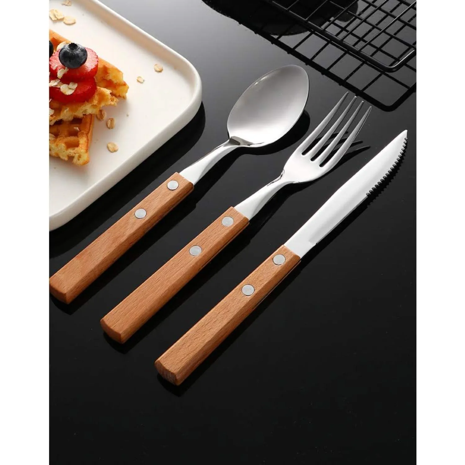 , Personalized Cutlery Set including SpoonKnifeFork, Wooden handle Stainless Steel Flatware Set, Custom Engraved Utensils, Mirro