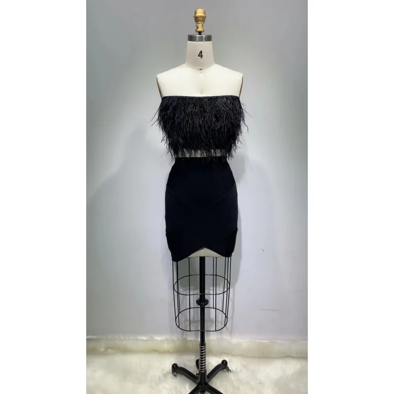 European and American Cross-Border Hot Sale Sexy Feather Tube Top Short Skirt Two-Piece Nightclub Party Stage Costume