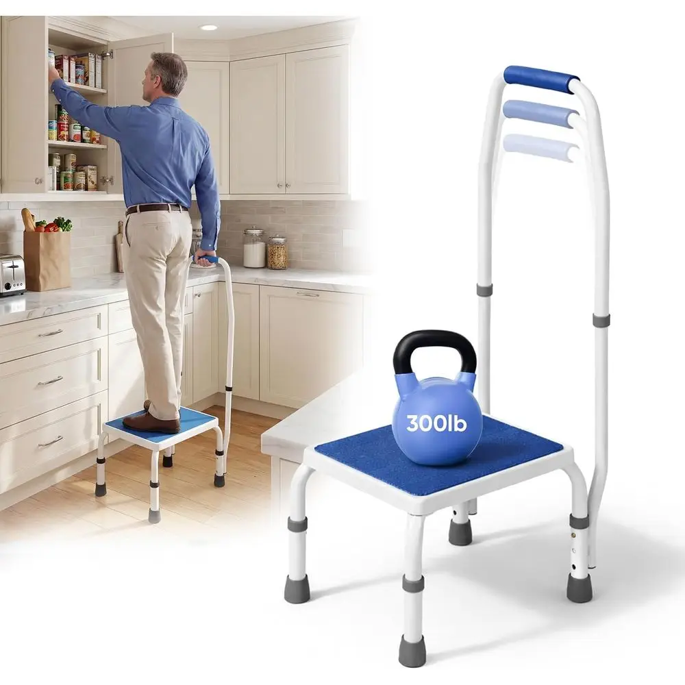 

Height-Adjustable Step Stool with Handle, White/Blue, Padded Non-Slip Grip, Supports 300 lbs.