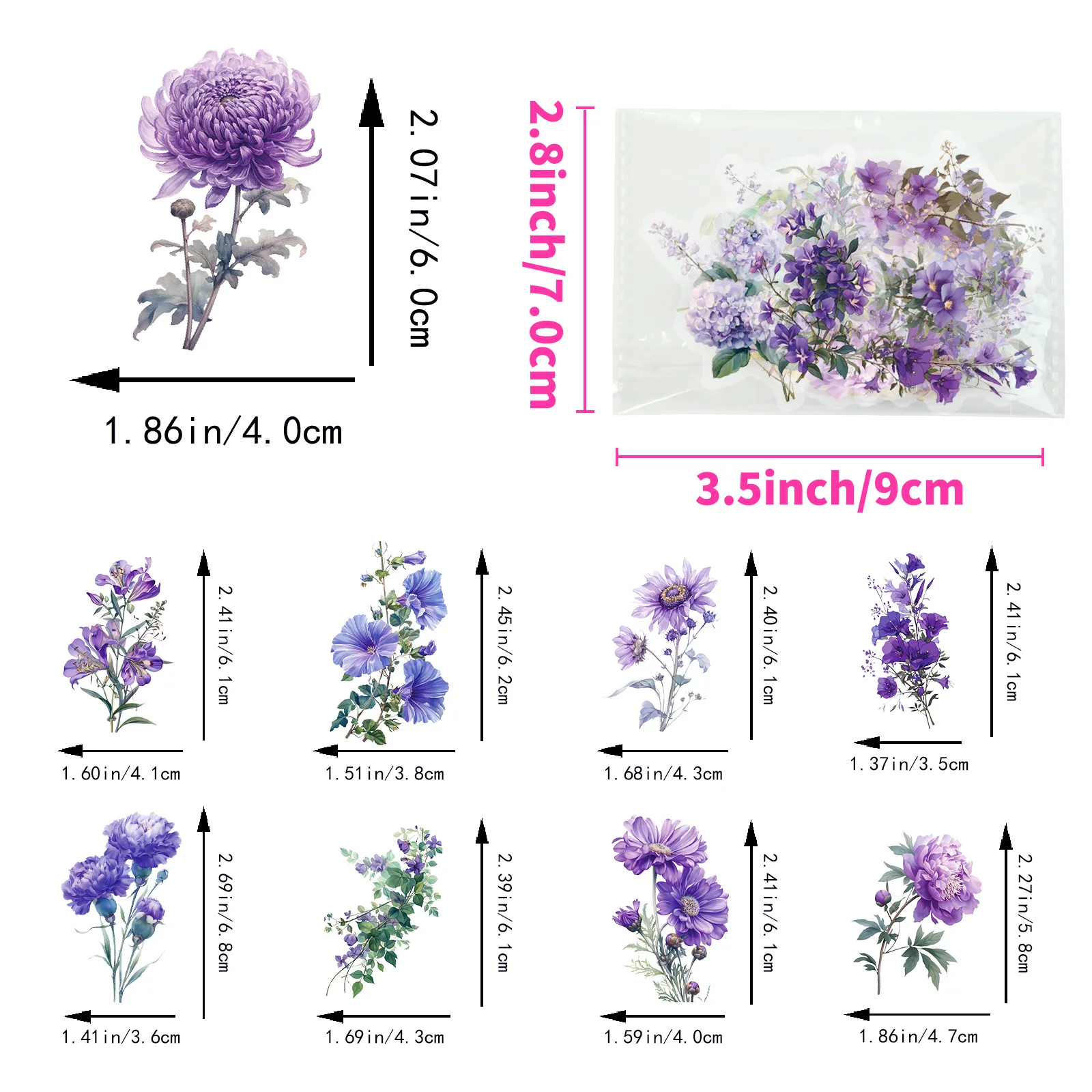 50 PCS Romantic Purple Flower Transparent Waterproof Stickers DIY Decoration Phone Case Water Bottle PET Stickers