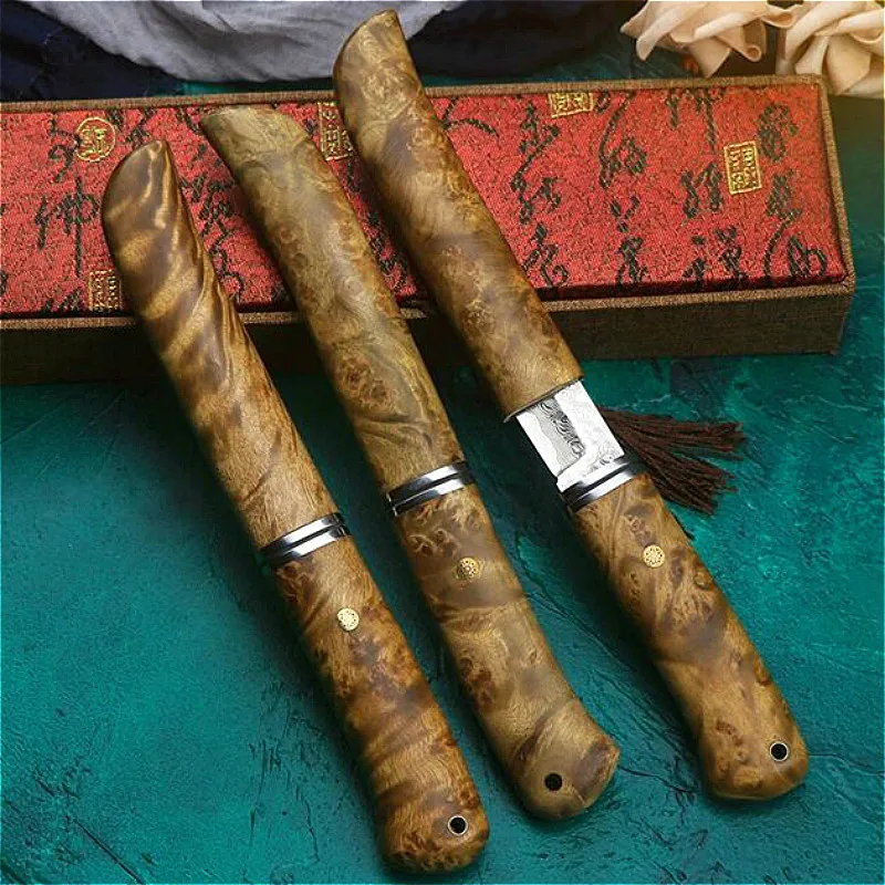 Damascus steel Shadow wood high-end outdoor straight knife D2 steel mirror light ebony tactical straight knife hunting knife