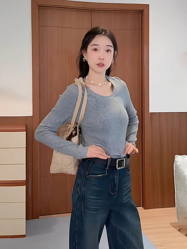 

OUDOEE Sli Универсальный вязаный базовый свитер для женщин, новинка 2026 года, теплый зимний топ, повседневный, приталенный, из смесового полиэстера