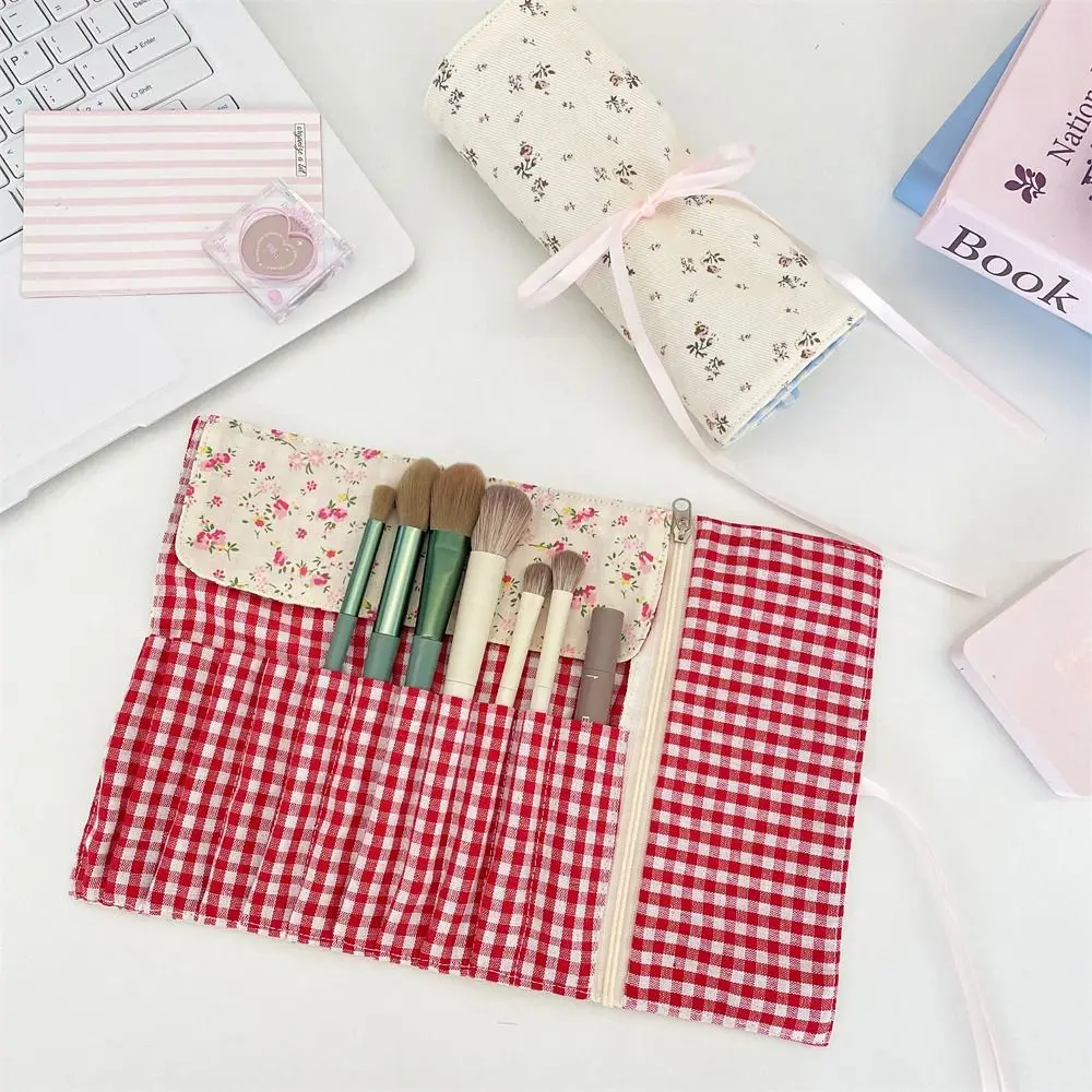 حقيبة فرش مكياج مريحة ذات سعة كبيرة، حقيبة تخزين مستحضرات التجميل الوردية، نمط الأزهار، صندوق أقلام الحواجب، منظم فرش المكياج