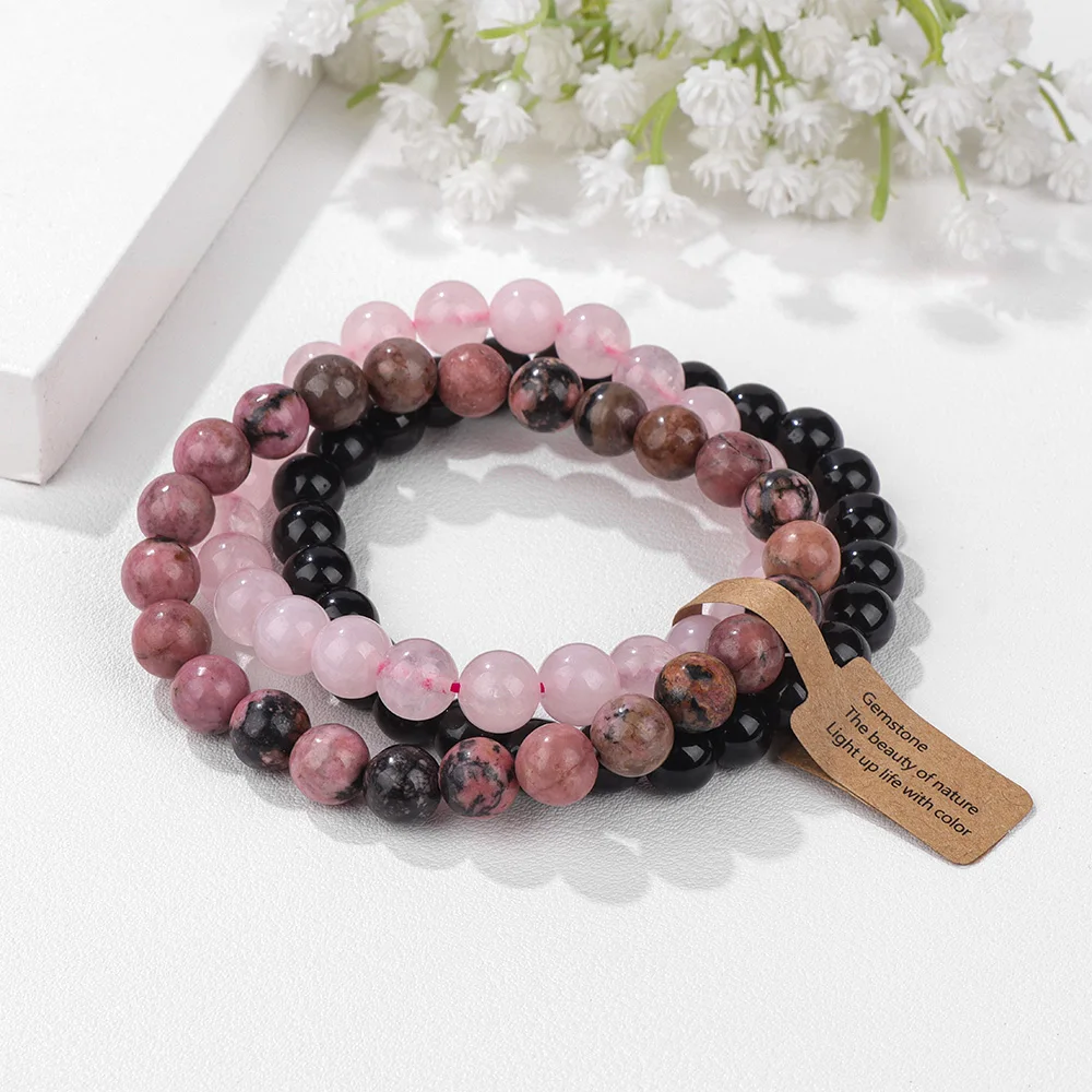 3pcs/set Natural Stone Beads Bracelet 8mm Rose Quartzs Amethysts Opal Stretch Bracelets Set With Wish Blessing Tag For Women Men