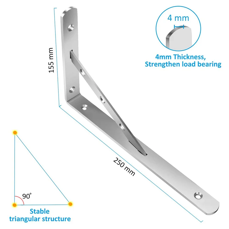 BAAJ-4 staffe per mensola a parete staffe per mensola a L resistenti da 90 gradi giunto di supporto in acciaio inossidabile (55X250 mm)