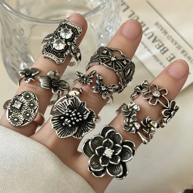 BF CLUB 925 Sterling Silber Ring für Damen, Schmuck, Retro-Blumen-Design, offener Vintage-Ring, handgefertigt, hypoallergen, ideal als Geschenk für Partys oder Geburtstage. – Detail 3