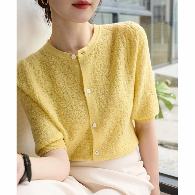 

Ice Hemp Knitted Top ort Sve Embroidered Brand Tag Cut T-irt Korean Sle Commute Suitable Women's Faion Summer