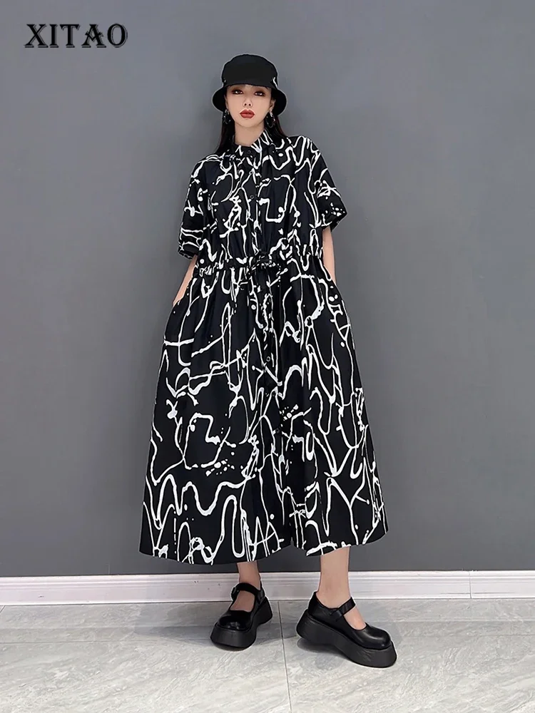 

XITAO Fashion Print Shirt Dress Loose Casual Short Sleeve Turn-down Collar Bandage Dress Simplicity Temperament New WLD6893