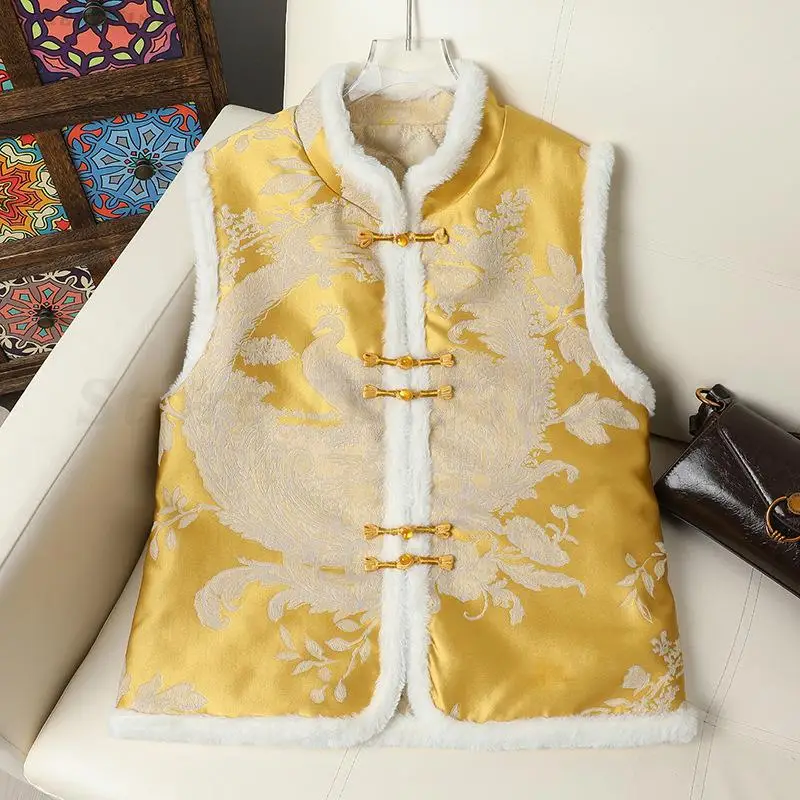

Теплый жилет в стиле ретро с китайской жаккардовой пряжкой, топ в стиле Тан, новогодний толстый жилет, традиционный ханьфу, осенне-зимняя теплая верхняя одежда