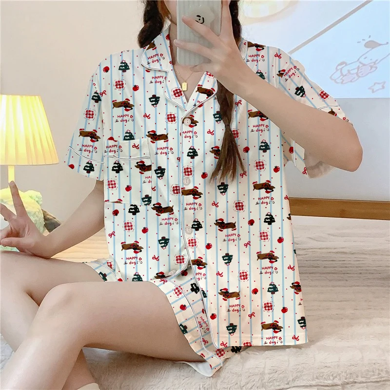 Женские пижамы в полоску с рисунком собаки и буквенным принтом, новые летние кавайные короткие крутые комплекты, комплект из трех предметов, корейская милая милая домашняя одежда