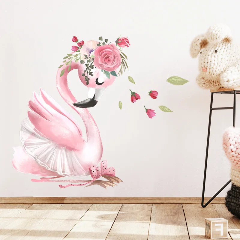 Cartoon pink swan flower girl bedroom porch commercial wall beautification decorative wall stickers wall decoration wallstickers