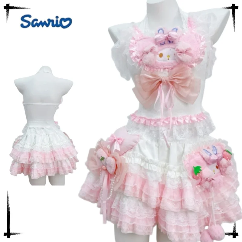 Pink and White Melody Sweet and Spicy Hanging Neck Set for Girls Lolita Lace Cake Short Skirt Soft Girl Cute Two Piece Set