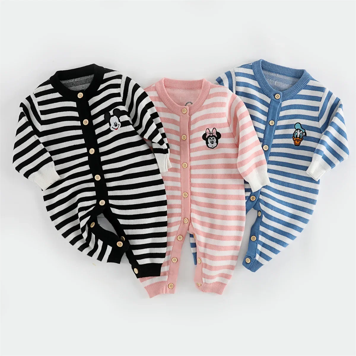 Autumn Newborn Baby Boys Cotton Knitted Romper Cartoon Mickey Minnie Donald Print Long Sleeve Jumpsuit Kids Girls Outfit 0-2T