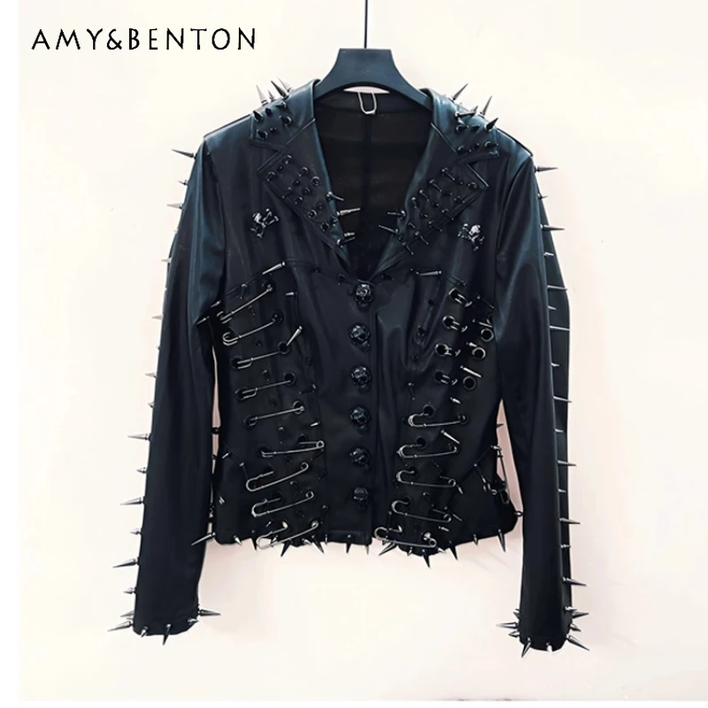 

Punk Dark Gothic Heavy Metal Women's Coat 2025 Autumn New Black Rivet Sweet Cool Loose Rock Stage Performance Jackets Ladies