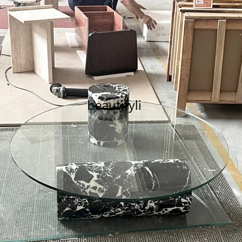 60.Nordic minimalist natural, black coffee table creative designer living room sofa glass round coffee table