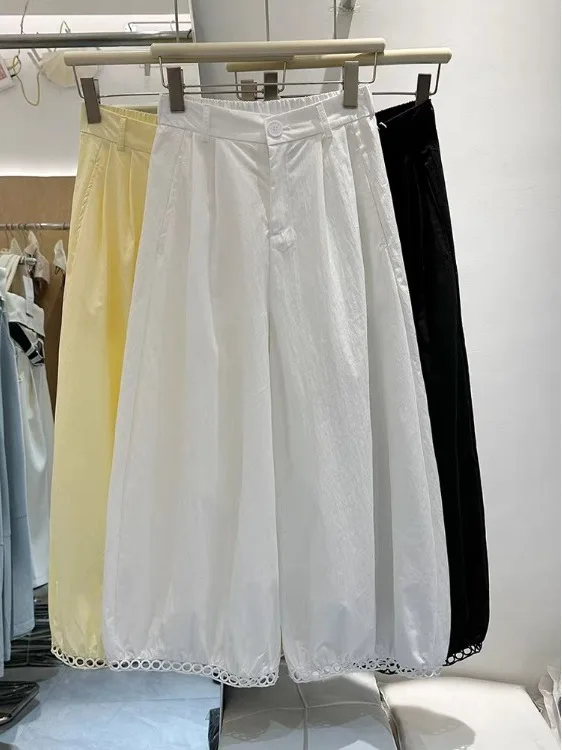 여름 얇은 레이스 트림 랜턴 팬츠 여성용 나인 포인트 슬림 와이드 레그 팬츠 벌룬 팬츠 캐주얼 바지