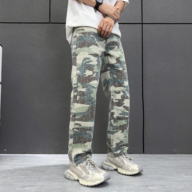 New fashionable jeans MEN'S Street camouflage loose straight leg trendy brand wide leg couple cotton casual washed denim pants
