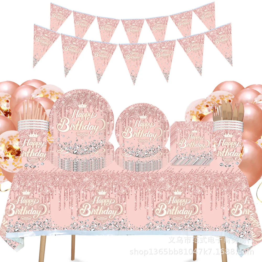 Diamond Dust Birthday Party One-Time Tableware Set, Paper Pallet, Paper Cup, Tissue Tablecloth, Pennant, Wedding Decoration