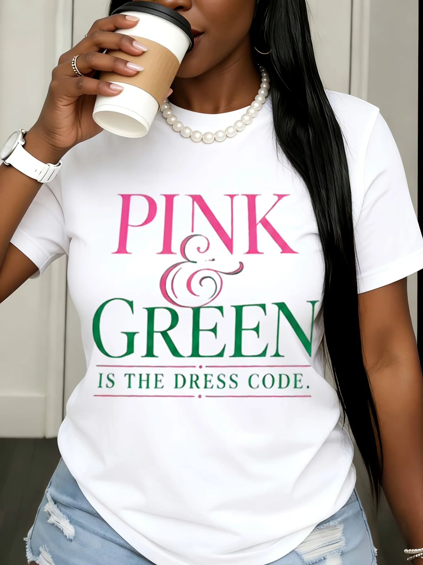 Casual White t Shirt Pink and Green Is the Dress Code Graphic Tee for Women Summer Streetwear Fashion Top