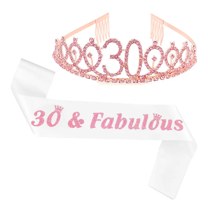 

Pink Crown and Sashes Sets for Birthday Women Fabulous 30 50 60 70th Sash Black Satin Sash Tiara Scarf Anniversary Party Decor