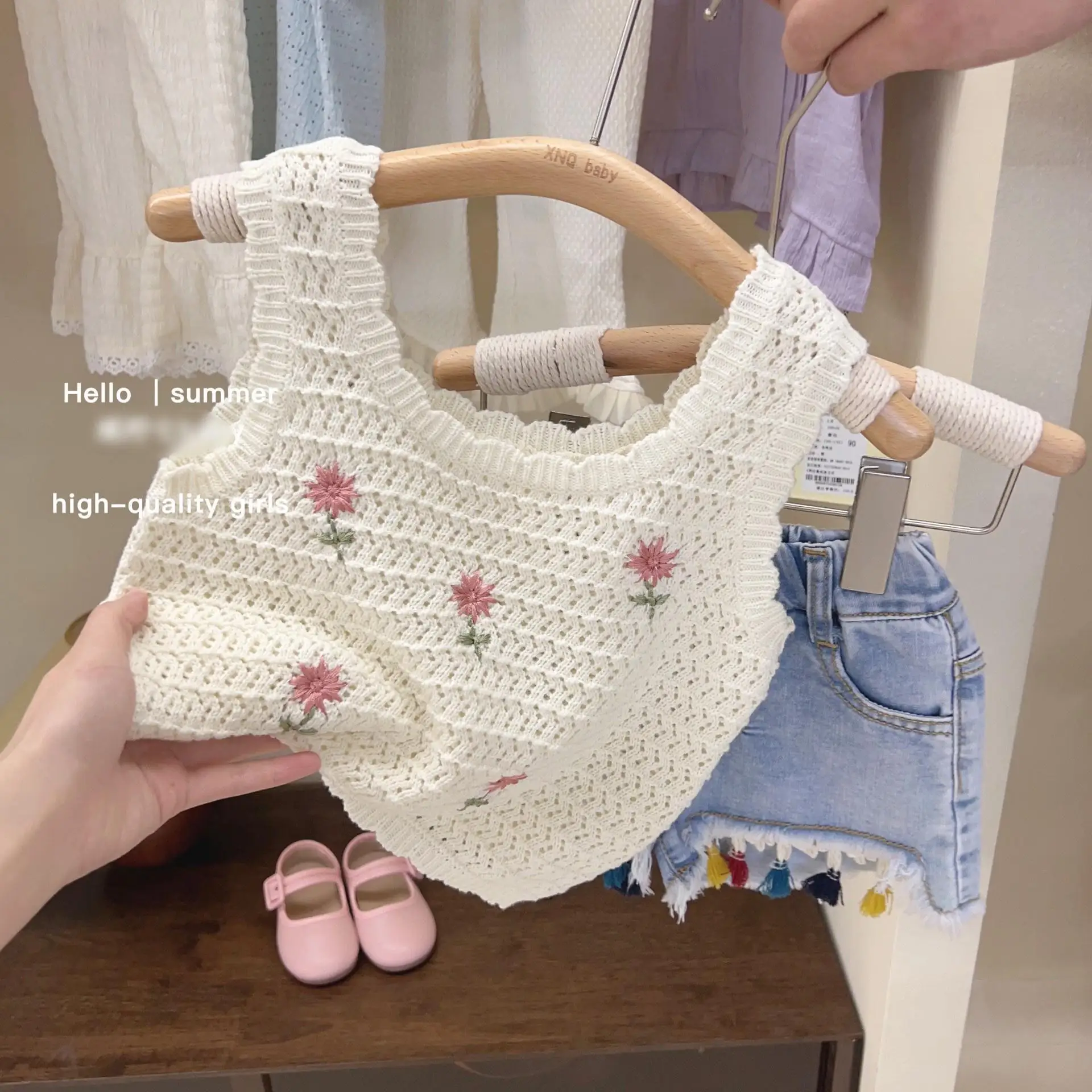 Girls Summer Clothes Set Embroidery Flower Sleeveless Knitted Vest Tassel Denim Shorts 2Pcs Suit Gilrs Casual Outfits