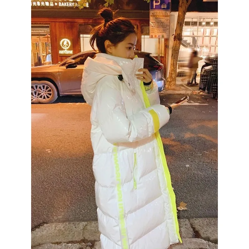 Glossy Disposable Mid-length White Duck Down Jacket Women's New Over-the-knee Loose Winter Color-blocking Jacket Trendy Simple