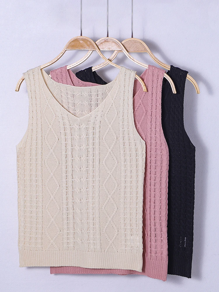Women's Summer Elegantly V-Neck Knit Vest Solid Top Diamond Twist Wear Casual Fashion Knitted Vest