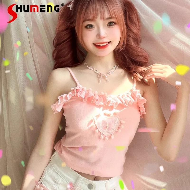 

Spring Summer Camisoles Sweet Soft Girl Inner Bottoming Shirt Can Be Worn Outside Love Lace Pink Figure Flattering Vest Slings