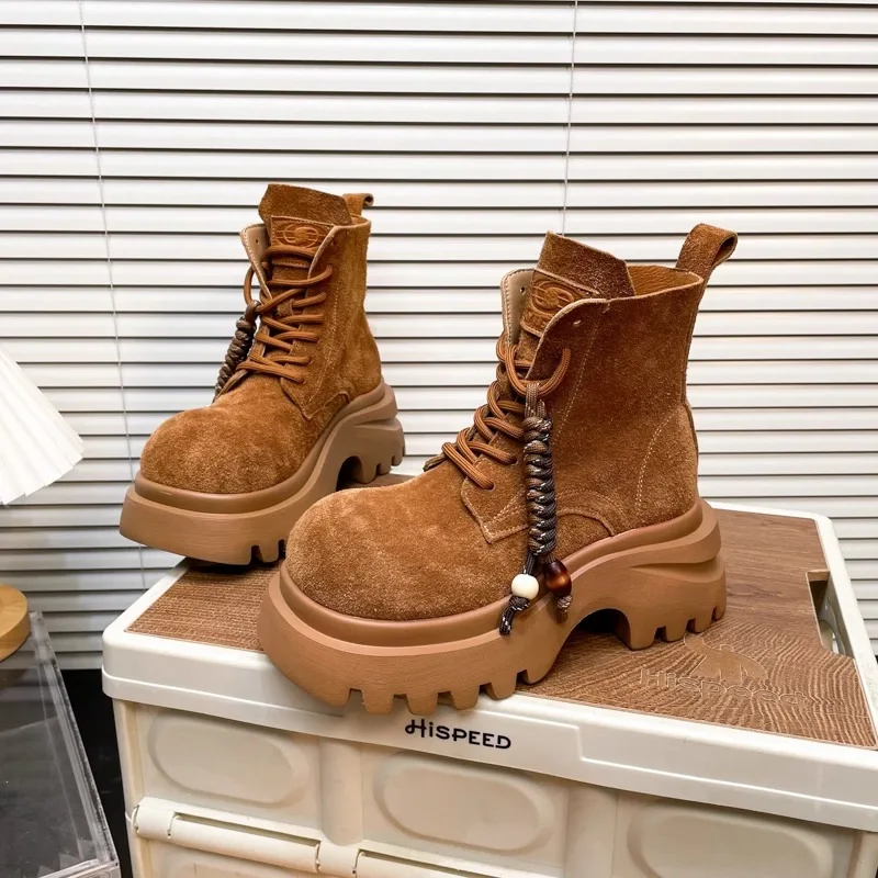 Matte Soft Leather Thick Soled Boots for Women,2025 Autumn New Fashion Women Boots,Ankle Boots Lace Up Round Toe Boots for Women